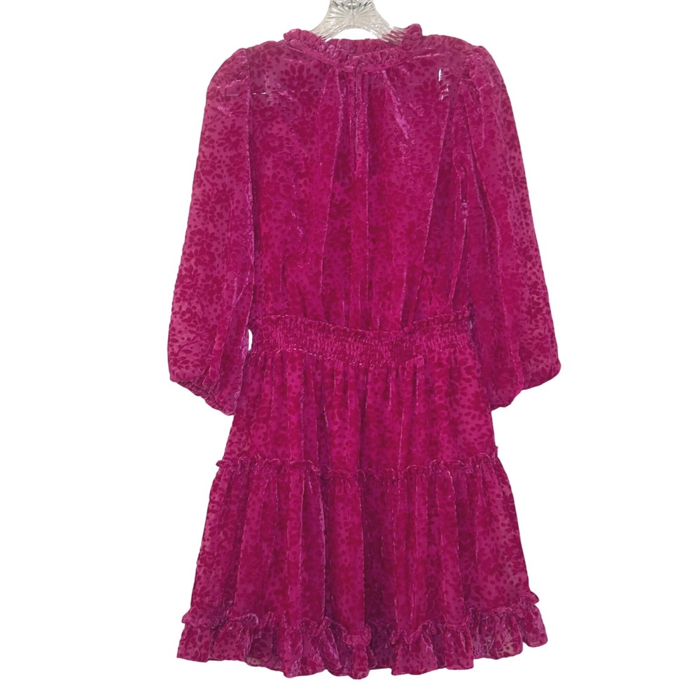 Shoshanna Magenta Pink Burnout Velvet Ruffle Mini Dress 8 Smocked Waist party - Picture 2 of 9